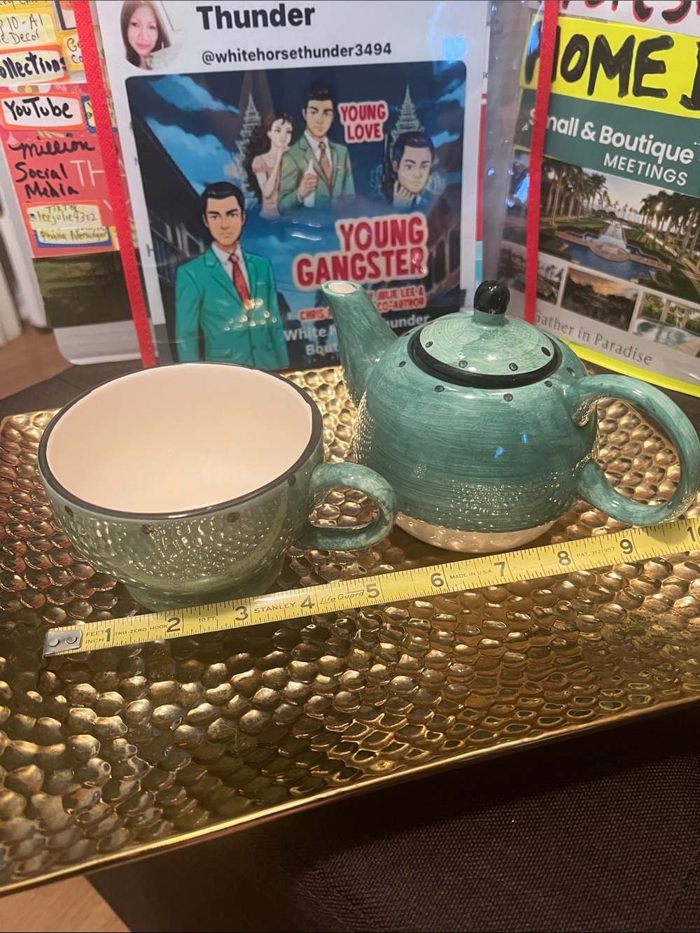 #2508**Vintage Green Ceramic Teapot and Cup Set - Picture 6 of 15